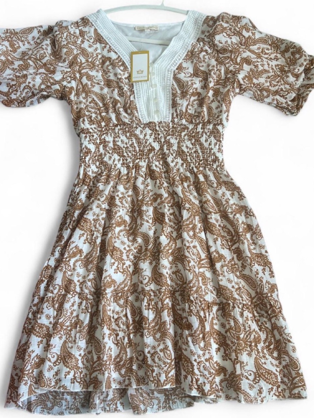 Anthropologie Kings Road Short Sleeve Dress White and Brown Womens Medium